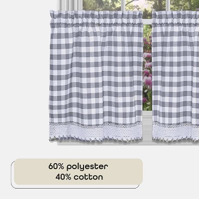 Buffalo Check Tier Curtains With Pom-Poms - 36 Inch Rod Pocket, Red/Black Plaid, Farmhouse Cafe Style - View #6