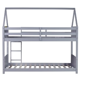 Bellemave Twin  House Floor Bunk Bed with Headboards, Footboards and Guardrails, Ladder, Rubber Wood Bunk Bed with Safety Guardrails,Light Grey - 1 of 3
