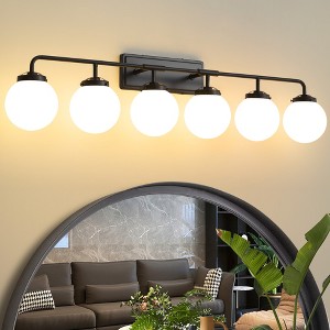 POWLIG 45.28-in 6-Light Matte Black Bathroom Light Fixtures Over Mirror Vanity Lighting with Milk White Glass Globe Shades - 1 of 4