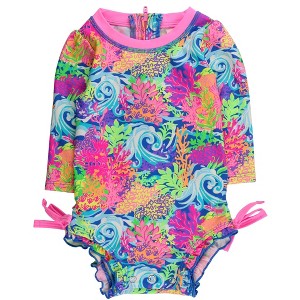 RuffleButts Baby Girls UPF50+ Sun Protected Neon Long Sleeve One Piece Rash Guard Swimsuit, with Signature Rear Ruffle - 1 of 2