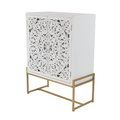 Elegant 42'' White Wood Carved Floral Cabinet with Gold Accents