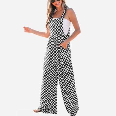 Amaryllis Women’s Checkerboard Wide Leg Overalls Relaxed Fit Sleeveless One-Piece Adjustable Strap Jumpsuit