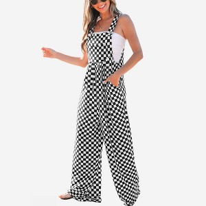 Amaryllis Women’s Checkerboard Wide Leg Overalls Relaxed Fit Sleeveless One-Piece Adjustable Strap Jumpsuit - 1 of 4