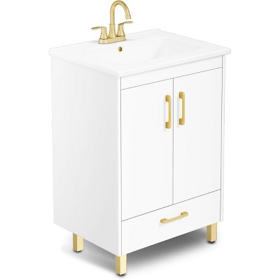 phiestina 24" White Bathroom Vanity, Fully Pre-Assembled with Ceramic Sink, 2 Soft Close Doors & 1 Drawer, Faucet Not Included