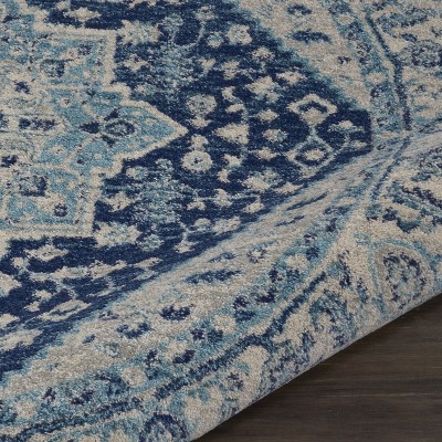 Ivory & Navy Vintage Kashan Round Area Rug, 5'3" Easy-Care Viscose