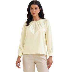 INSPIRE CHIC Women's Elegant Pearl Decor Ruched Crew Neck Long Sleeve Dressy Office Blouse - 1 of 4