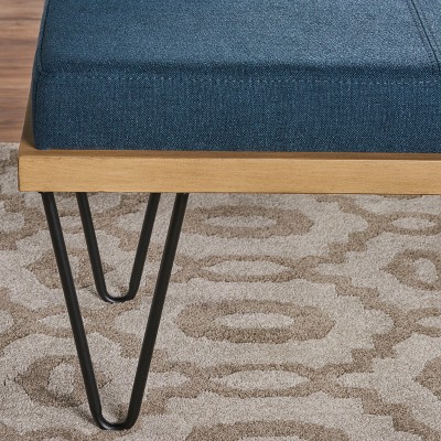 Elaina Navy Blue Upholstered Bench with Faux Pine Veneer and Iron Legs