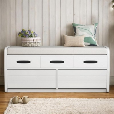 Alilang 43.00 inches Wooden Storage Bench with Cushioned Seat and Pull-Out Drawers-White