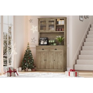 GustoWave 5-door Kitchen Pantry Cabinet, 71" Tall Storage Pantry with Microwave Stand, Modern Kitchen Hutch Cabinet, Rustic Grey - 1 of 4