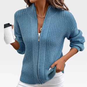 Full Zipper Sweater for Women Rib Knit Sweater Jackets Mock Neck Zipper Placketed Coats Lightweight Warm Coats with Rib Cuff - 1 of 4