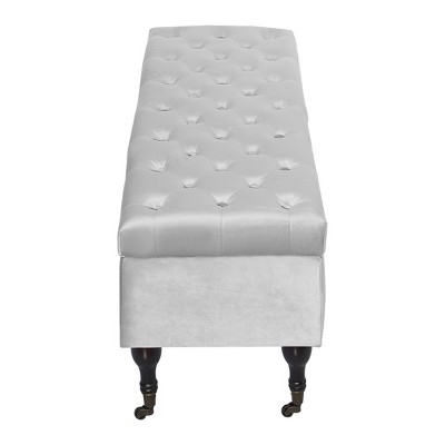 Pearl Gray Velvet Tufted Storage Bench with Wheels