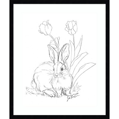 Amanti Art Bunny Sketch with Tulips by Jodi Augustine Wood Framed Wall Art Print 21 in. x 25 in.