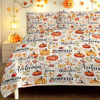 Boersma Pumpkin Autumn Leaves Design Quilt Set 3 Pieces King Size All Seasons Bedding Quilt Bed Set with 2 Pillowcases for Teens Adults Bedroom Decor