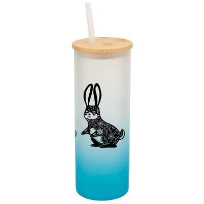 Elanze Designs Gentle Floral Rabbit Sky Blue Frosted Gradient Glass Tumbler with Bamboo Lid & Straw 25 ounce Reusable Iced Coffee or Water Cup,