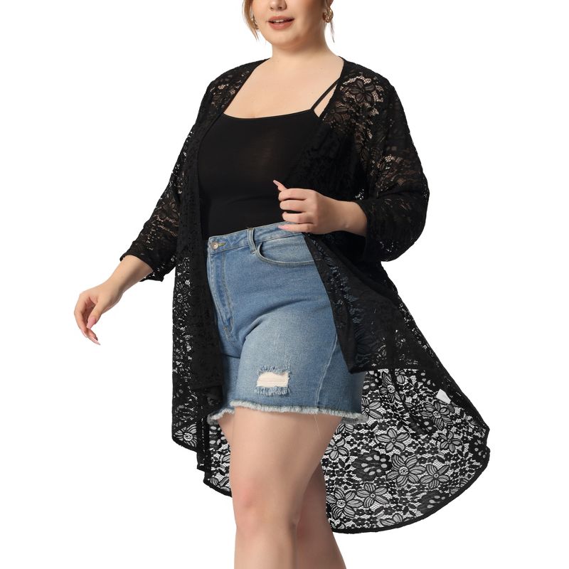 Agnes Orinda Women's Plus Size Lace Sheer High Low 3/4 Sleeve Open Front Cardigans, 2 of 7