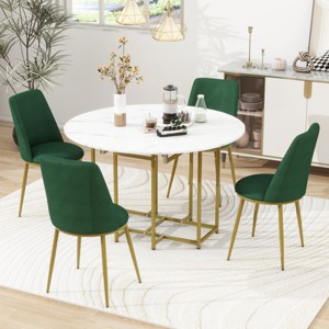 5-Piece Modern Round Dining Set with Drop-Leaf Table and 4 Upholstered Chairs, Space-Saving Expandable Design, Faux Marble Top-Cuddlewood - 1 of 4