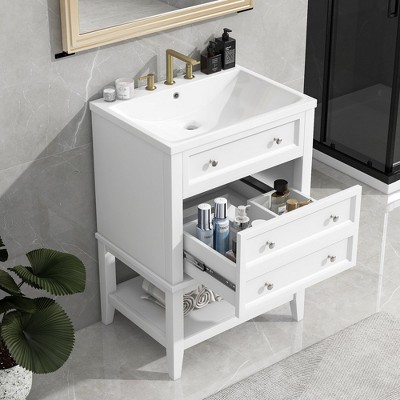 24" Free Standing Bathroom Vanity With Ceramic Sink Drawer Open Shelf Ample Storage Space Easy Assembly, White