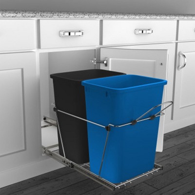 Double Pull-Out Waste Bin Containers with Red and Black Plastic Bins