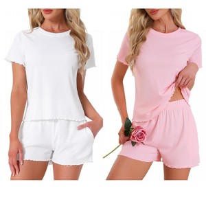 INSPIRE CHIC Women's 4 Pcs Ribbed Knit Soft Short-Sleeve Top & Shorts Ruffled Lounge Pajama Set with Pocket - 1 of 4