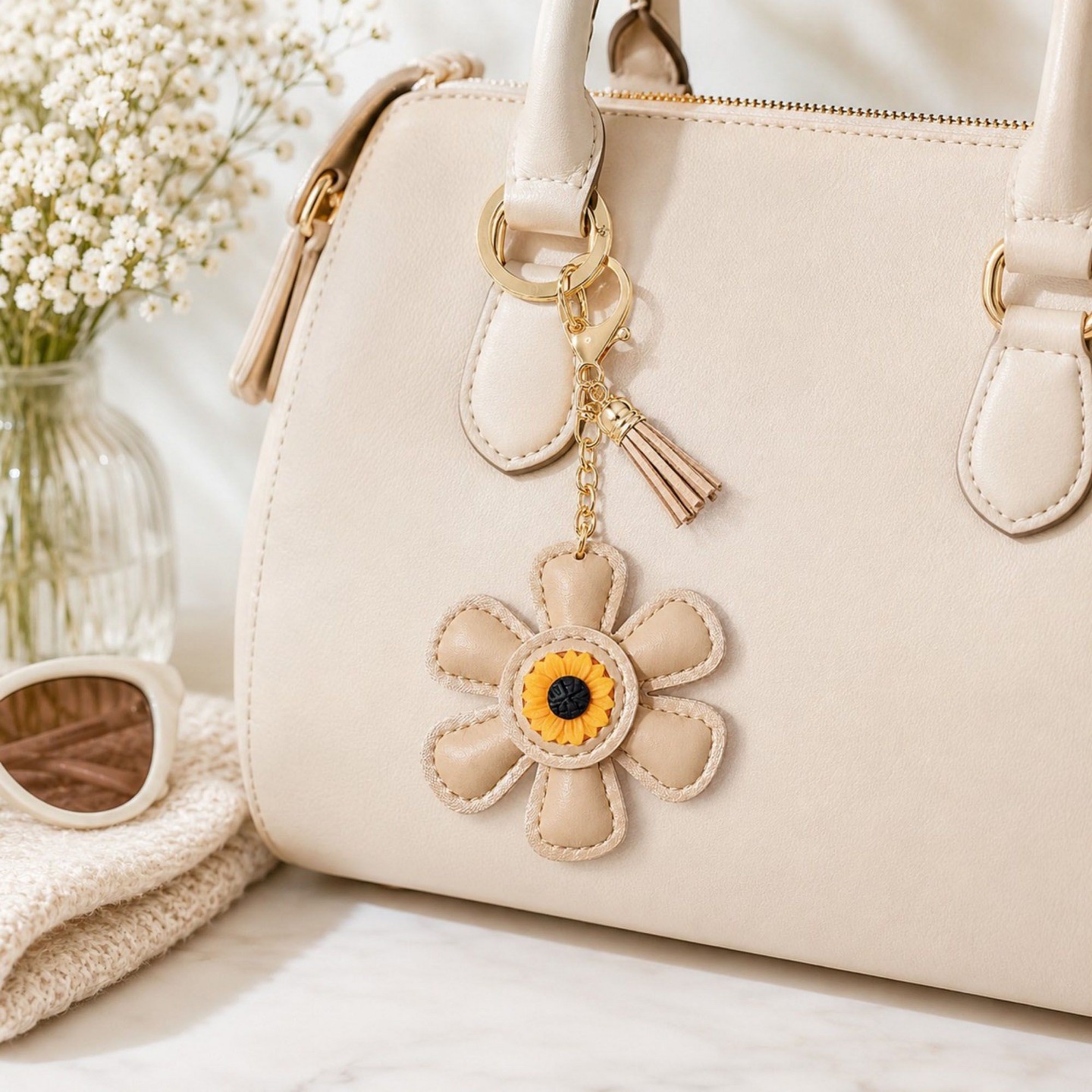 Alilang Women's Faux Leather Sunflower Bag Charm Keychain Beige Floral Purse Accessory with Tassel - White, цвет: Бежевый — фото 2
