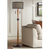 Franklin Iron Works Modern Mid Century Farmhouse Rustic Floor Lamp 64" Tall Bronze Cherry Wood Metal Cream Double Drum Shade for Living Room Reading - 2 of 4