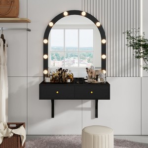 black dressing table and mirror Sikaic Makeup Vanity 48.8 Inches LED Large Makeup Vanity with Mirror Black Modern