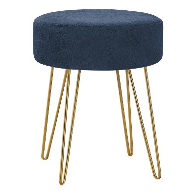 Monarch Specialties Ottoman Pouf Footrest Foot Stool 14Inch Round Fabric Metal Legs Blue Gold Contemporary Modern