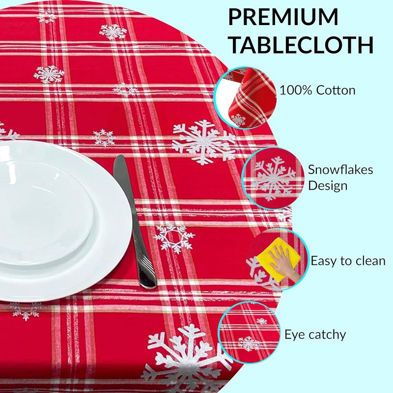 KOVOT Tablecloth - Red & White Plaid with Foil Accents Snowflakes -100% Cotton Table Cover for Christmas, Winter & Holiday's, 4 of 7