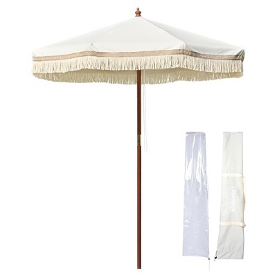LAGarden 7' Patio Beige Umbrella with Tassels UPF50+ Boho Style 5-Year-Non-Fading for Outdoor,Model:BH7W-01P Beige & Tan