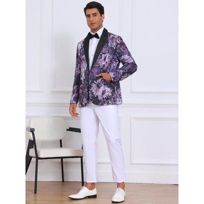 INSPIRE CHIC Men's Single Button Notch Lapel Prom Flower Print Suit Jacket Medium Purple Black — фото 2