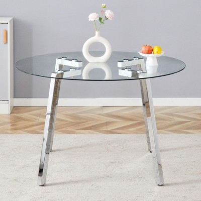 Sapphtopaz Round Dining Table Tempered Glass Kitchen Table Dining Room Table with Metal Base for Dining Room, Small Spaces