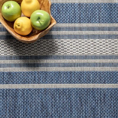 Blue and White Striped Synthetic Indoor/Outdoor Rug