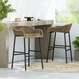 GDFStudio Yitzhak Outdoor 29" Rope Weave Bar Stools with Iron Legs (Set of 2), Black/Brown - 1 of 4