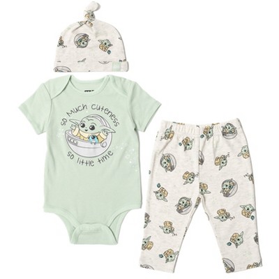 Image of Star Wars The Mandalorian The Child Newborn Baby Boys 3 Piece Outfit Set: Cuddly Bodysuit Pants Hat green / white 6-9 Months