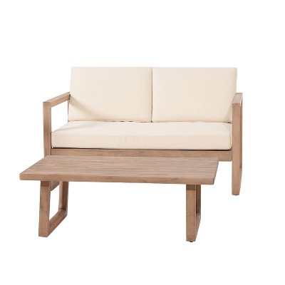 Christopher Knight 2pc Home Stefan Outdoor Acacia Loveseat and Coffee Table Set with Cushions