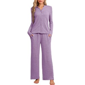 cheibear Women's Long Sleeve Button Down Tops with Pants Sleepwear Pajamas Sets - 1 of 4