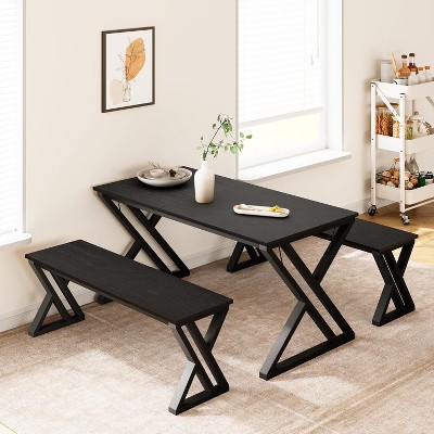 3-Piece Retro Brown Dining Set | Rectangular Table + 2 Upholstered Benches (Seats 4) | Chamfered Metal Frame for Small Kitchens/Apartments