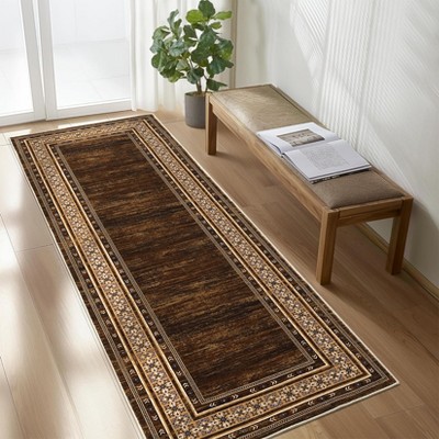 Washable Area Rug, Brown Floor Cover, Non Slip Foldable Thin Rug Distressed Geometric Bordered Carpet Kitchen Rug for Living Room Bedroom