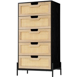5 Drawer Dresser, Rattan Chest of Drawers, Wooden Dresser with Metal Legs, Mid Century Modern Tall Drawer Dresser - 1 of 4