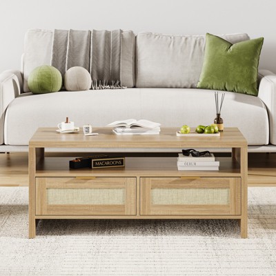 Coucheta 40" Boho Coffee Table with Storage, 2-Tier Rattan Console Table with Drawers & Open Shelf for Living Room, Apartment, Bedroom, Oak