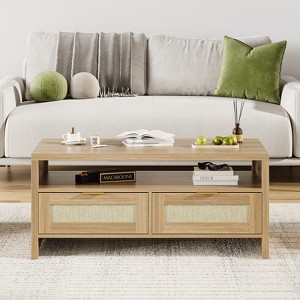 Coucheta 40" Boho Coffee Table with Storage, 2-Tier Rattan Console Table with Drawers & Open Shelf for Living Room, Apartment, Bedroom, Oak - 1 of 4