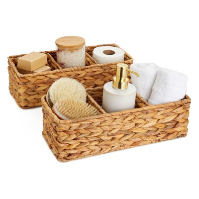 Farmlyn Creek 2 Pack Decorative Water Hyacinth Storage Baskets with 3 Compartments for Bathroom, Laundry Room, Nursery