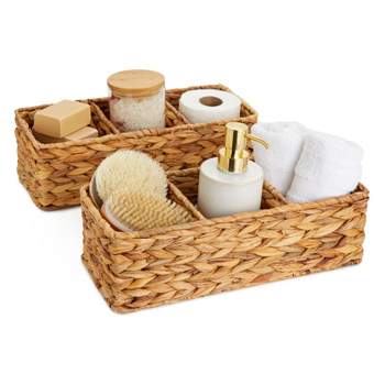Farmlyn Creek 3-Section Wicker Baskets for Shelves, Water Hyacinth Storage Baskets for Bathroom Organizing, 2-Pack