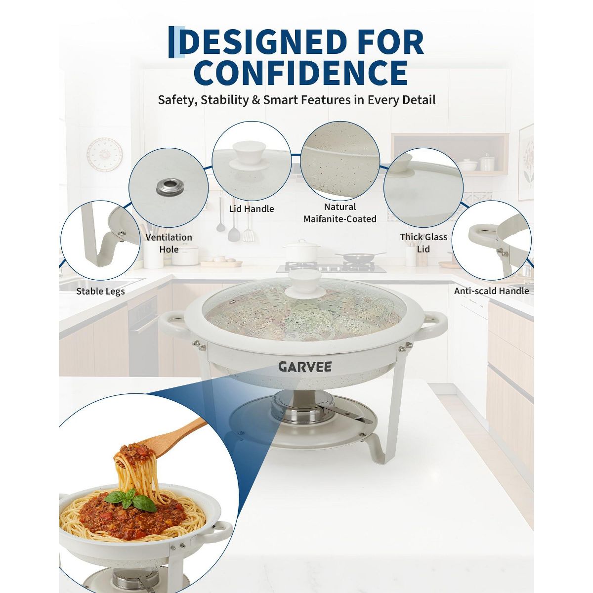 Garvee Chafing Dishes for Buffet 2 Pack, Round Maifanite Coated Food Warmers for Parties, Wedding Buffet Servers with Glass Lids for Catering - thumbnail 2