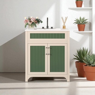 30'' Bathroom Vanity with Ceramic Sink, Freestanding Cabinet with Solid Wood Frame,Height-Adjustable Shelf, and Doors, Combo Set