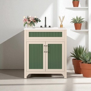 30'' Bathroom Vanity with Ceramic Sink, Freestanding Cabinet with Solid Wood Frame,Height-Adjustable Shelf, and Doors, Combo Set - 1 of 4
