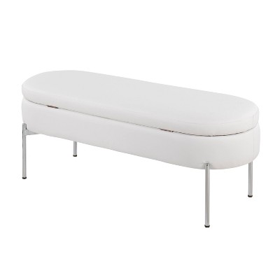 48" White Faux Leather Storage Bench with Chrome Legs