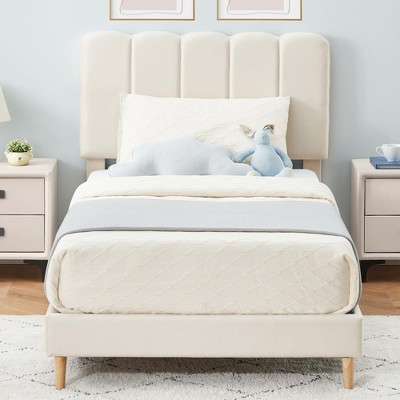 Whizmax White Bed Frame, Velvet Upholstered Platform Bed Frame with Headboard, Strong Wooden Slats(White)