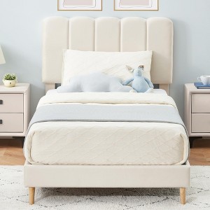 Whizmax White Bed Frame, Velvet Upholstered Platform Bed Frame with Headboard, Strong Wooden Slats(White) - 1 of 4