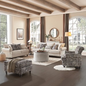 Piece Living Room Set, Modern Farmhouse Chenille Sofa and Loveseat with Nailhead Trim, Floral Accent Chair - 1 of 4